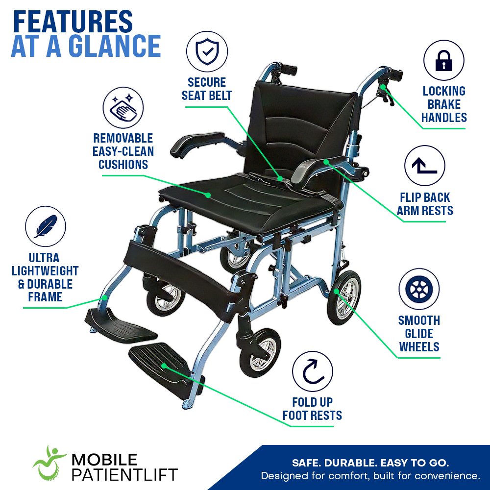 Mobile Patient Lift MPL Ultra-Fold Lightweight Transport Chair, 20 lb Folding Travel Wheelchair